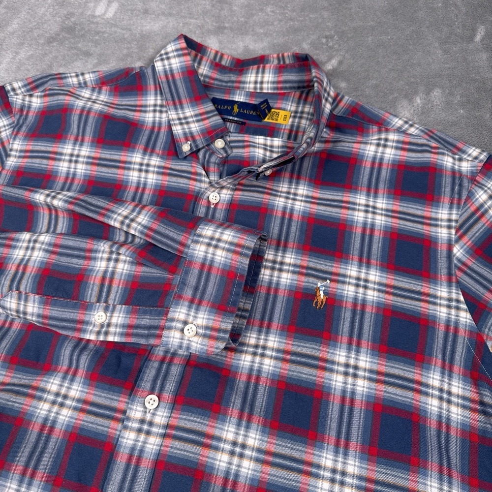 Ralph Lauren Button Down Shirt Mens L Red Blue Plaid Classic Fit Long Sleeve